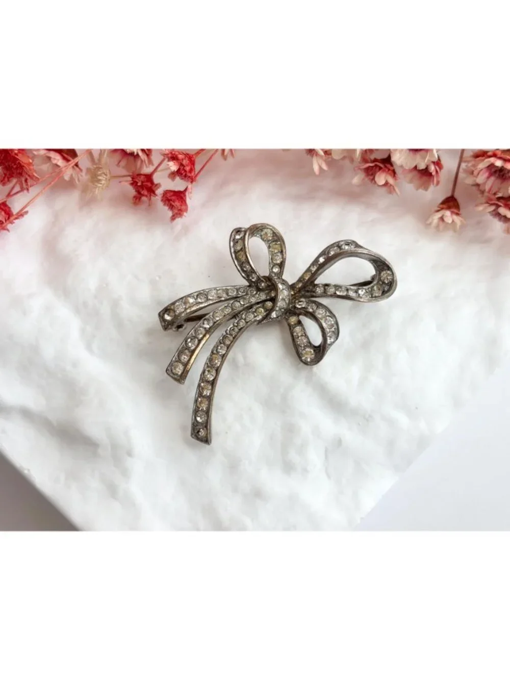 Ribboned Bow Rhinestone Accented Sterling Silver 925 Vintage Brooch | Lapel Pin